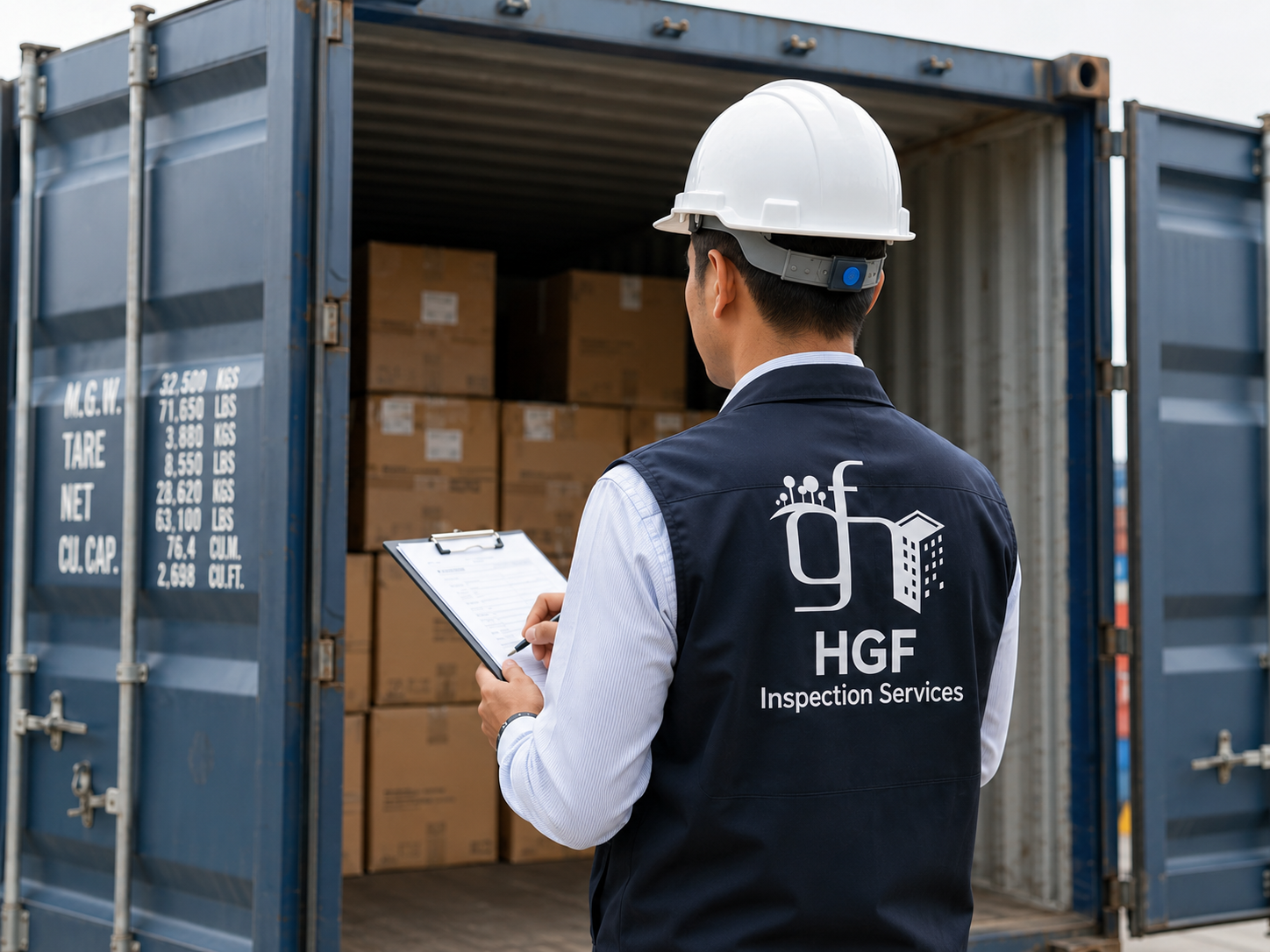 Inspector verifying export cargo at a container yard